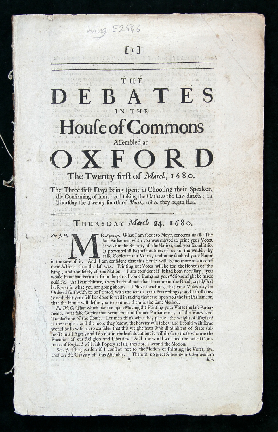 The Debates in the House of Commons Assembled at Oxford the twenty